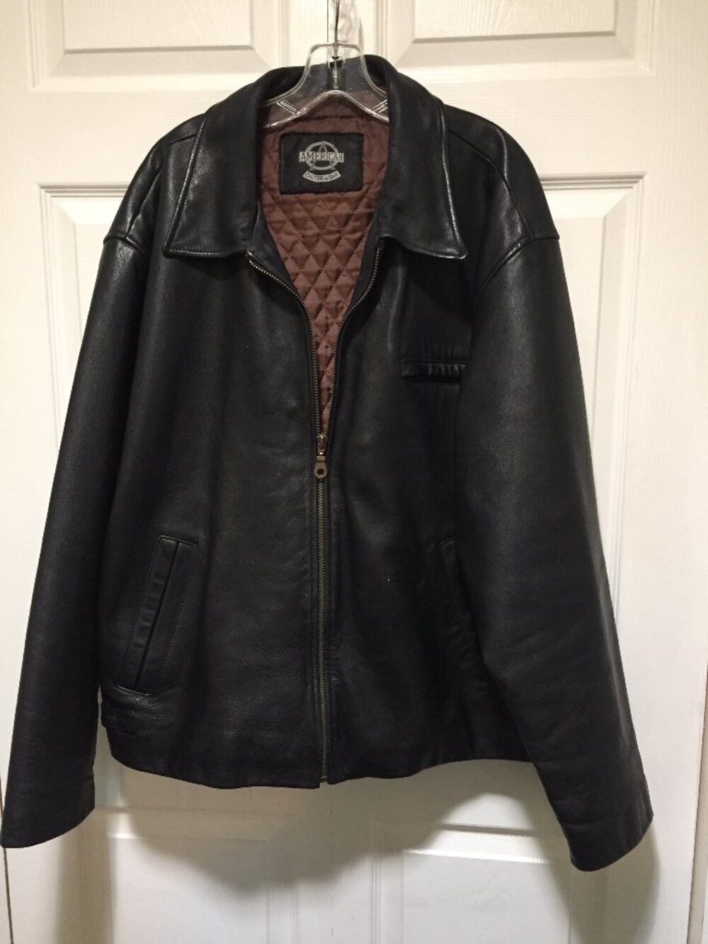 American Outerwear Black Leather Bomber Moto Jacket Mens XL* Quilt Lined VINTAGE